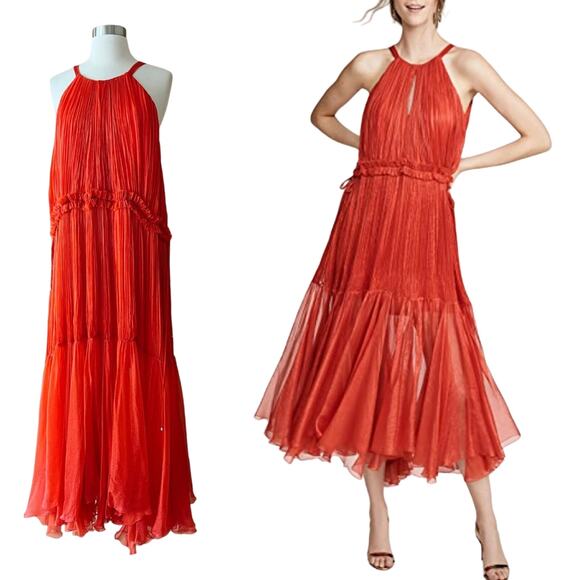 MARIA LUCIA HOHAN Maella Silk Tent Dress Red Chiffon Ruffled Plisse Halter Gown - Picture 2 of 16